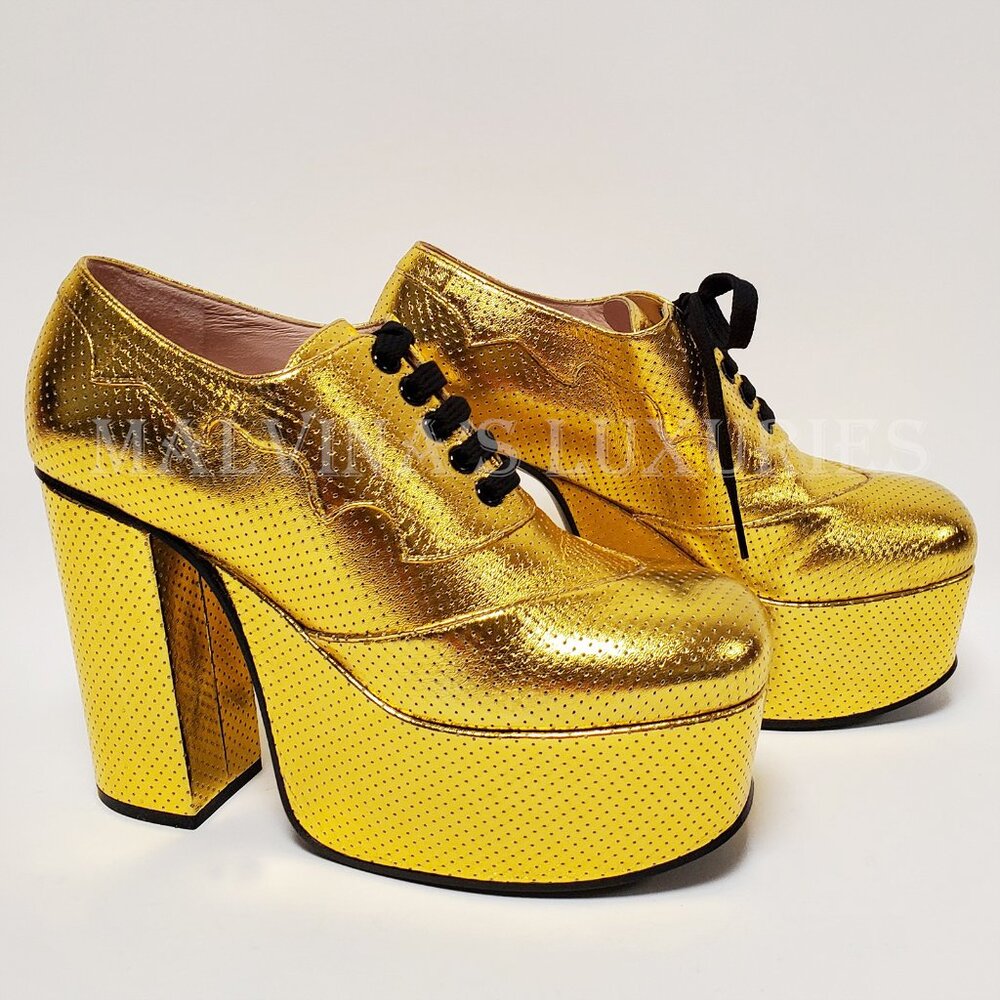 GUCCI SHOES OTIS GOLD LEATHER PLATFORM LACE UP PUMPS sz 39.5 9.5 US - Picture 3 of 15